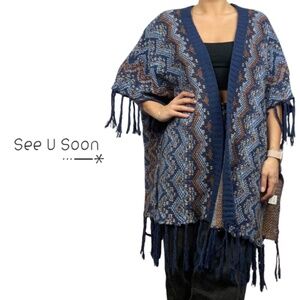 Anthropologie See U Soon Knit Fringe Cardigan – Blue & Brown – Size S/M